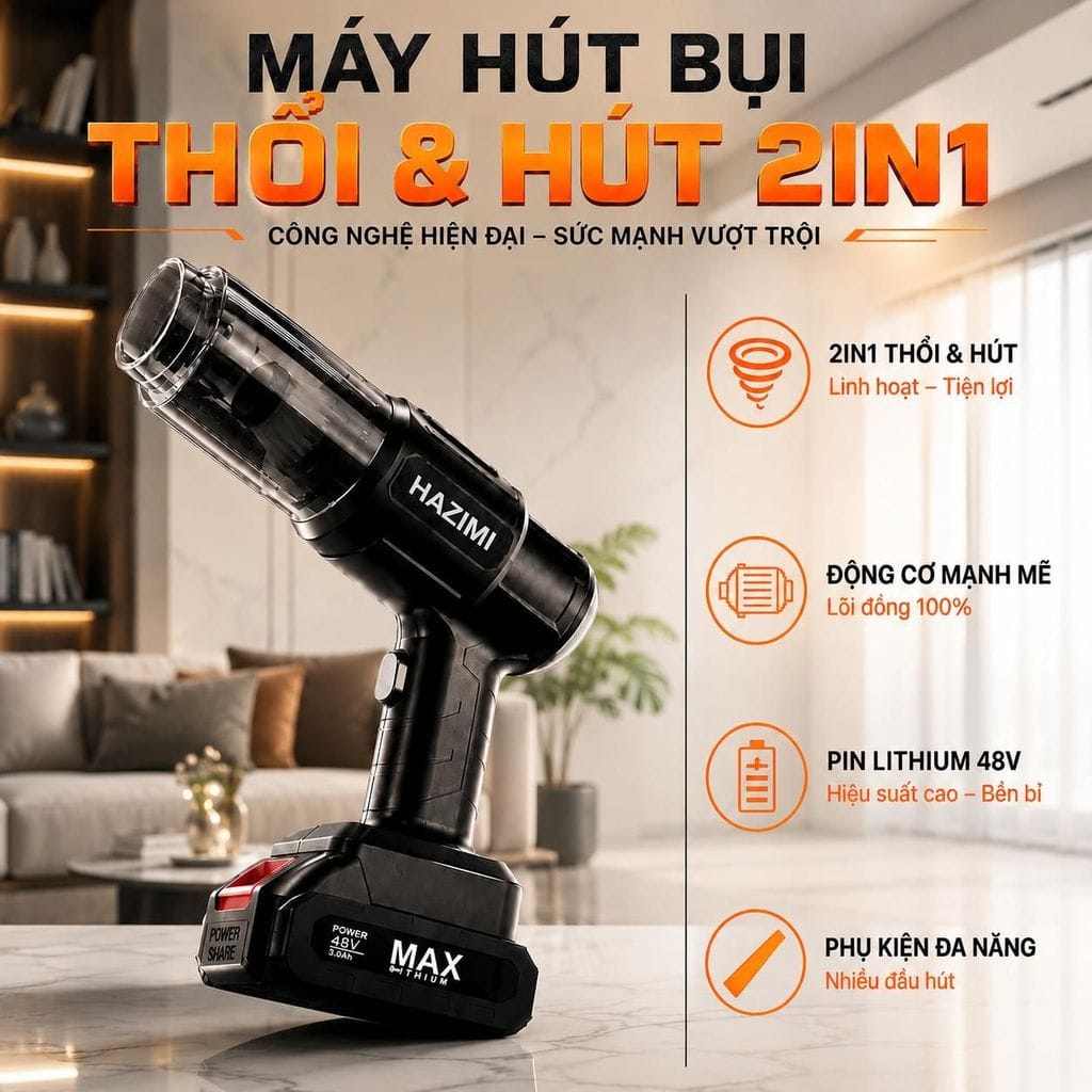 Máy Hút Bụi Cầm Tay Không Giây Công Suất Lớn HAZIMI Kiêm Máy Thổi Bụi, Vệ Sinh Ô Tô Nhà Cửa. MA-503