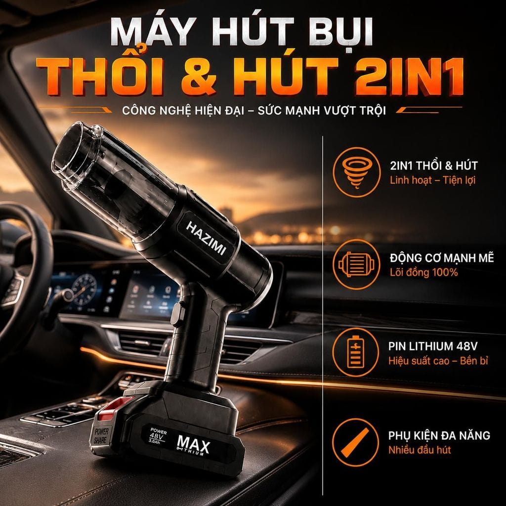 Máy Hút Bụi Không Dây Công Suất Lớn Cho Ô Tô HAZIMI, Hút Thổi Hai Trong Một, Dùng Cho Gia Đình Và Xe Hơi. MA-503