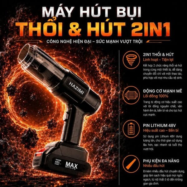 Máy Hút Bụi Cầm Tay Đa Năng 2in1 HAZIMI Kiêm Máy Thổi Bụi Công Suất Lớn, Vệ Sinh Ô Tô Nhà Cửa. MA-503