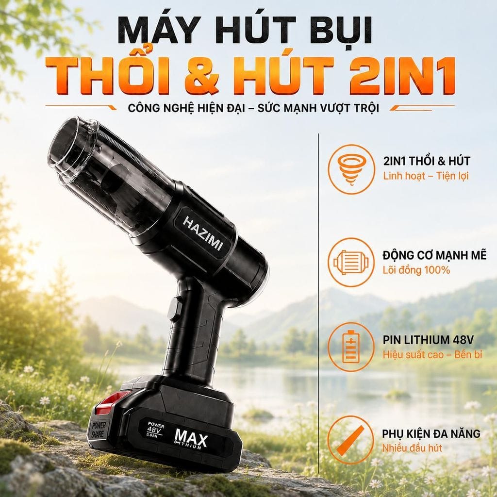 Máy Hút Bụi Cầm Tay Đa Năng 2in1 HAZIMI Kiêm Máy Thổi Bụi Công Suất Lớn Sử Dụng Pin 48V. MA-503